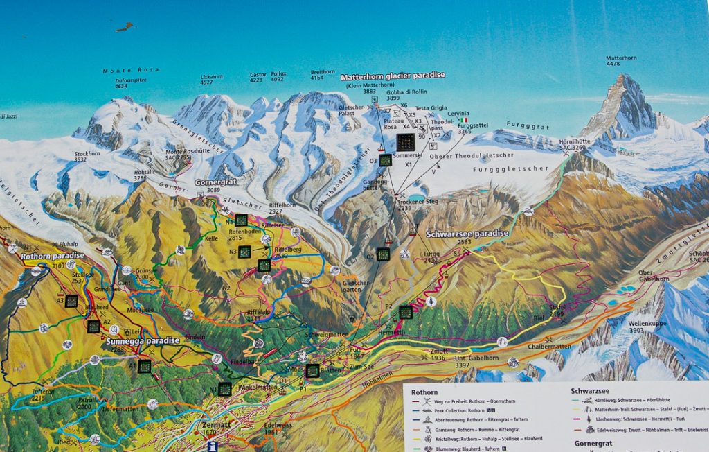 Map of the Swiss Alps in Zermatt Switzerland 