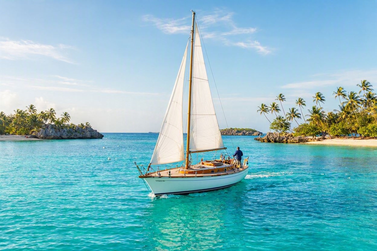 sailboat in turquise blue tropical waters near islands with palm trees